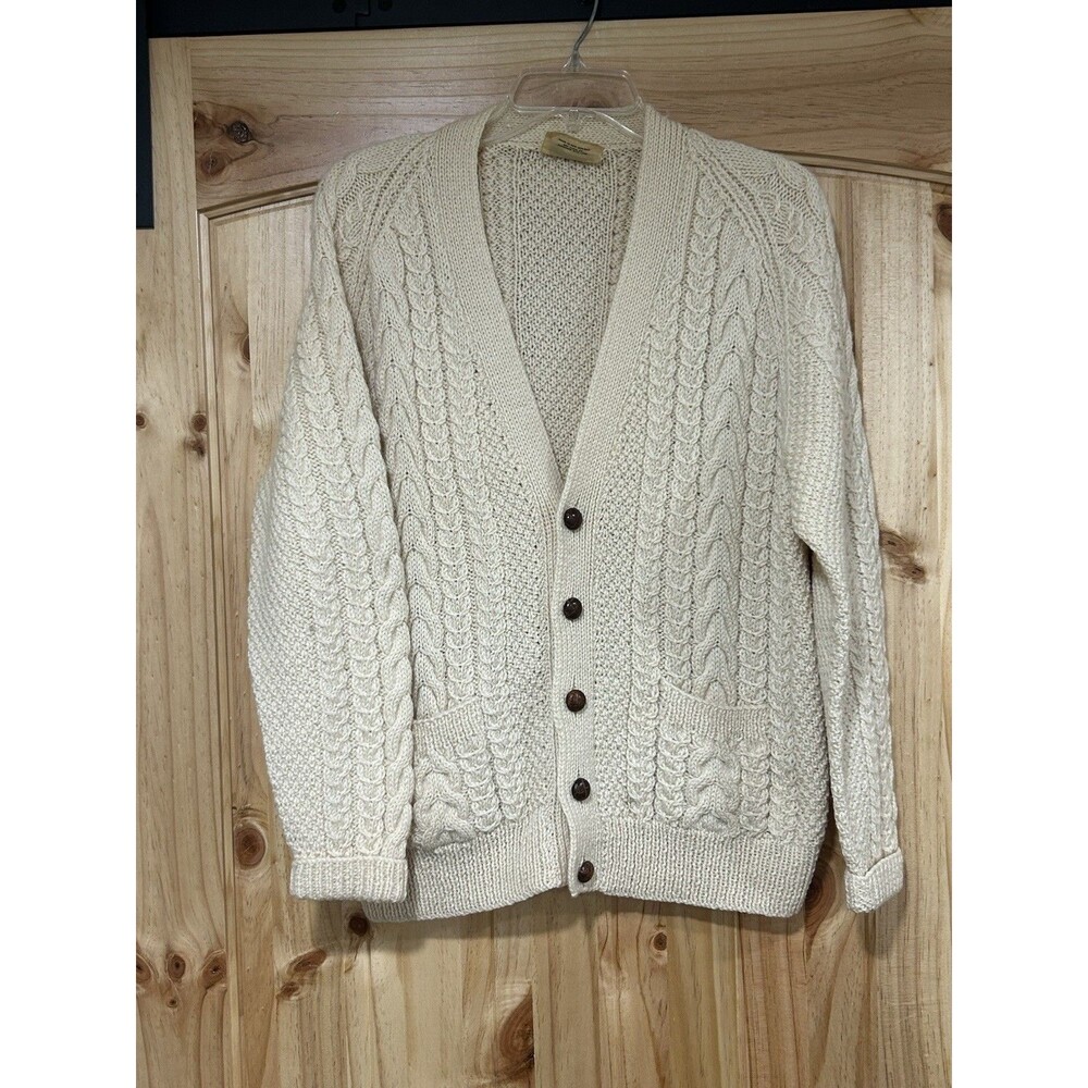 Vintage Keneila Kraft Womens Wool Cardigan Cream Cable Knit Front Pockets Size M